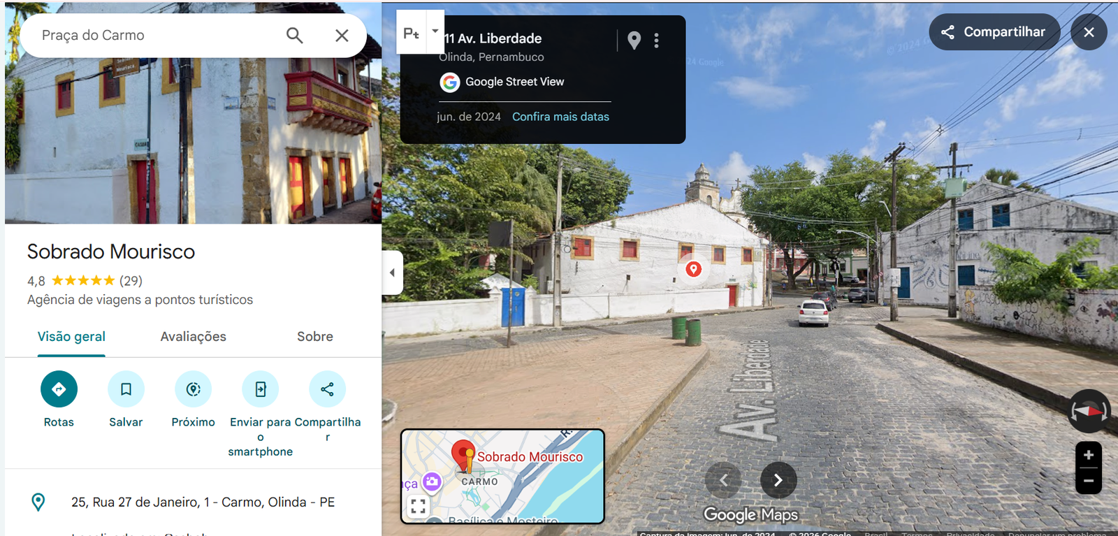 Localização próxima ao Sobrado Mourisco, Praça do Carmo, Olinda